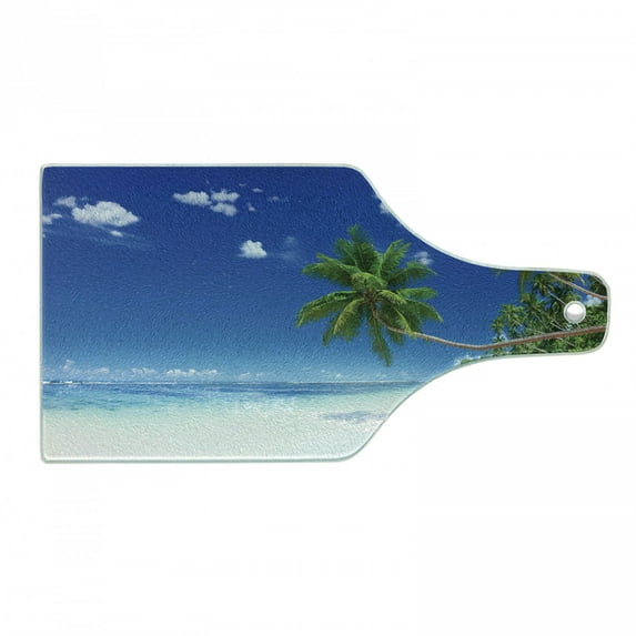 Ocean Cutting Board, Coastline Seascape Lagoon with Palm Leaf and Clouds Freedom Holiday Idyllic, Tempered Glass Cutting and Serving Board, Wine Bottle Shape, White Blue Green, by Ambesonne
