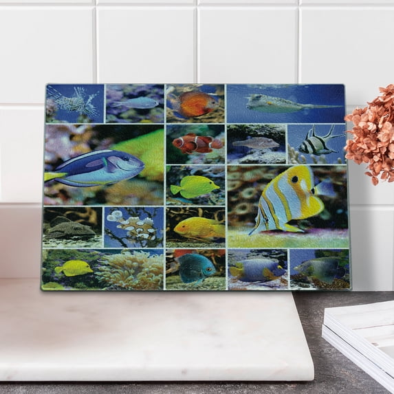 Ocean Cutting Board, Collage of Underwater Photos with a Group of Tropical Art Fish Oceanic Pattern, Decorative Tempered Glass Cutting and Serving Board, Small Size, Yellow Blue, by Ambesonne