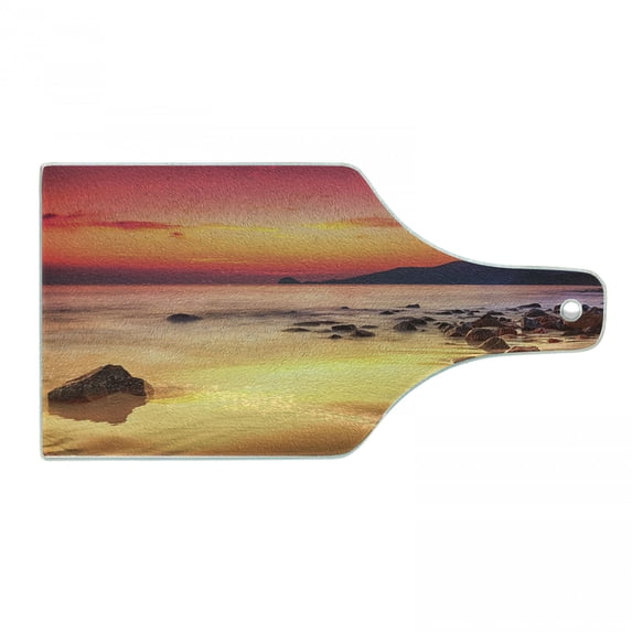 Ocean Cutting Board, Digital Photo of Sunrise over the Sea with Stones and Cliffs Idyllic Spot, Decorative Tempered Glass Cutting and Serving Board, Wine Bottle Shape, Orange Yellow, by Ambesonne