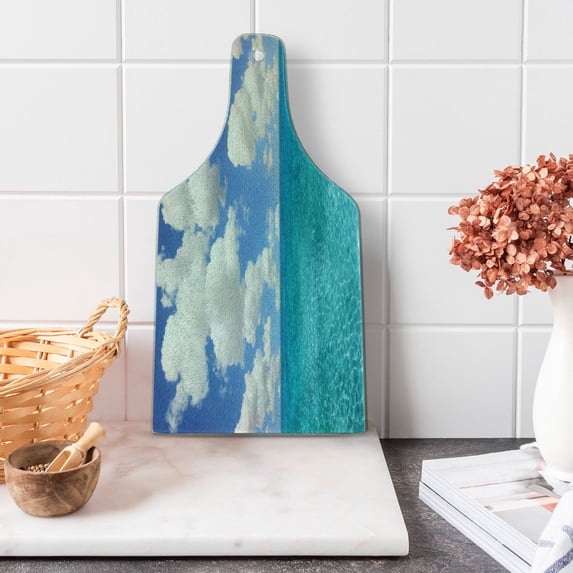 Ocean Cutting Board, Dreamy Skyline with Clouds over Crystal Water Sea Coast Tropical Island Image, Tempered Glass Cutting and Serving Board, Wine Bottle Shape, Turquoise Aqua, by Ambesonne