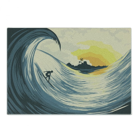 Ocean Cutting Board, Illustration of Cloudy Sky Tropical Island Wave and Surfer at Sunset Seascape, Decorative Tempered Glass Cutting and Serving Board, Small Size, Beige Yellow Navy, by Ambesonne