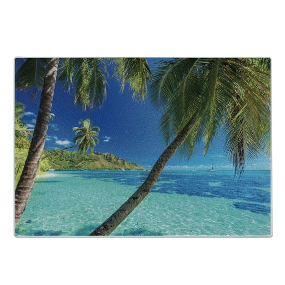 Ocean Cutting Board, Image of a Tropical Island Beach Theme the Palm Trees and Clear Sea Print, Decorative Tempered Glass Cutting and Serving Board, Small Size, Turquoise Blue, by Ambesonne