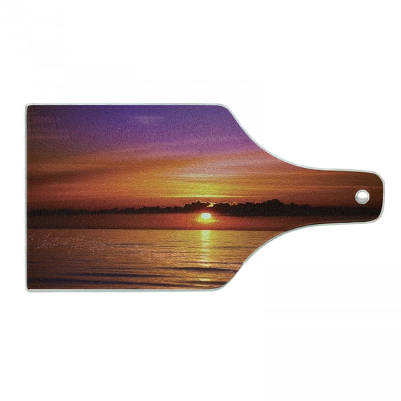 Ocean Cutting Board, Romantic Sunset on the Beach Sun Rays Reflection on the Sea Colorful Sky Picture, Tempered Glass Cutting and Serving Board, Wine Bottle Shape, Orange Purple, by Ambesonne
