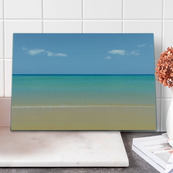 Ocean Cutting Board, Still Calm Sea at the Beach with Aquatic Landscape Sun Peace Relax Nature Image, Decorative Tempered Glass Cutting and Serving Board, Large Size, Cream Turquoise, by Ambesonne