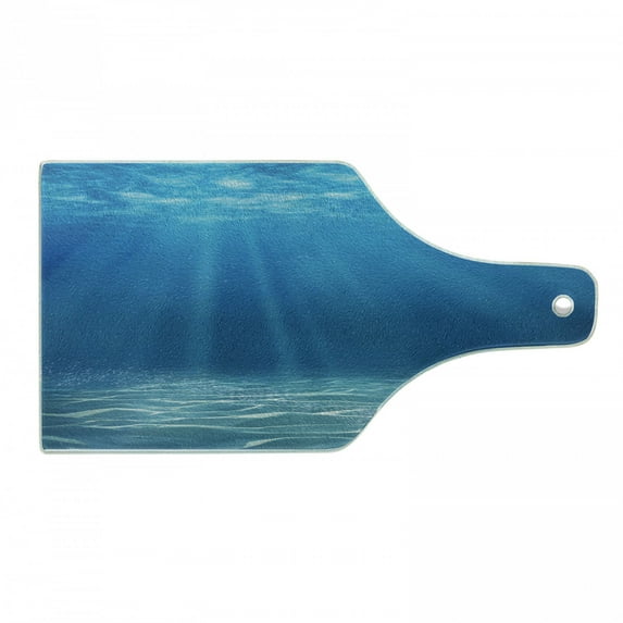 Ocean Cutting Board, Sun Rays Bursting into Deep Under Sea Wilderness Scenery Waterscape Picture Print, Tempered Glass Cutting and Serving Board, Wine Bottle Shape, Blue Turquoise, by Ambesonne