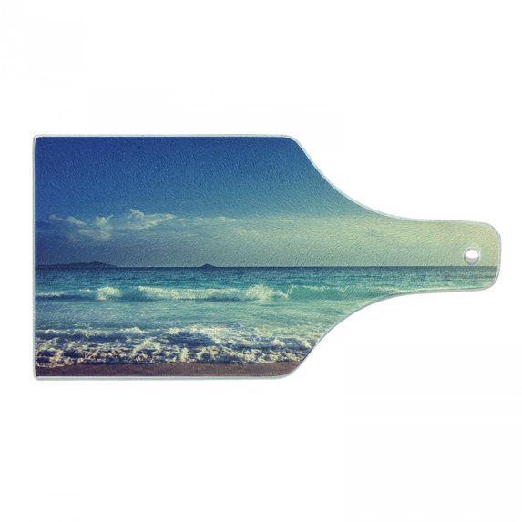 Ocean Cutting Board, Tropical Island Paradise Beach at Sunset Time Waves and the Misty Sea Image, Decorative Tempered Glass Cutting and Serving Board, in 3 Sizes, by Ambesonne