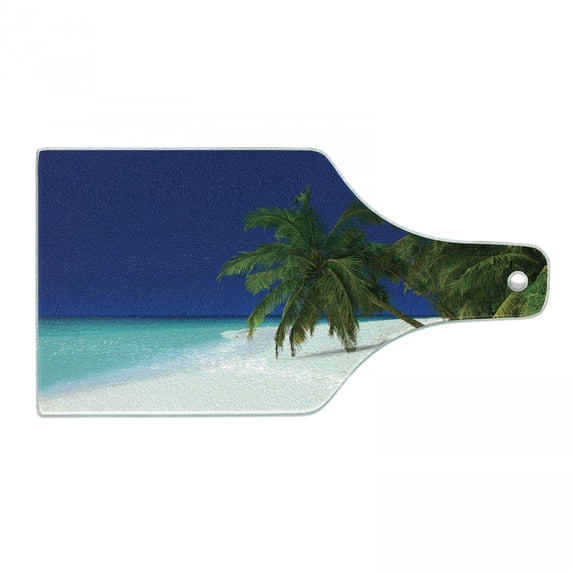 Ocean Cutting Board, Tropical Untouched Island Getaway Nature Coast Colorful View Picture, Decorative Tempered Glass Cutting and Serving Board, Wine Bottle Shape, Navy Blue White, by Ambesonne