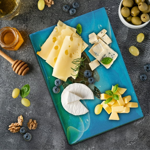 Ocean Cutting Board, Turtle Family Swimming in Ocean Bubbles Underwater World Cartoon Fun Art, Decorative Tempered Glass Cutting and Serving Board, Small Size, Green Blue Brown, by Ambesonne