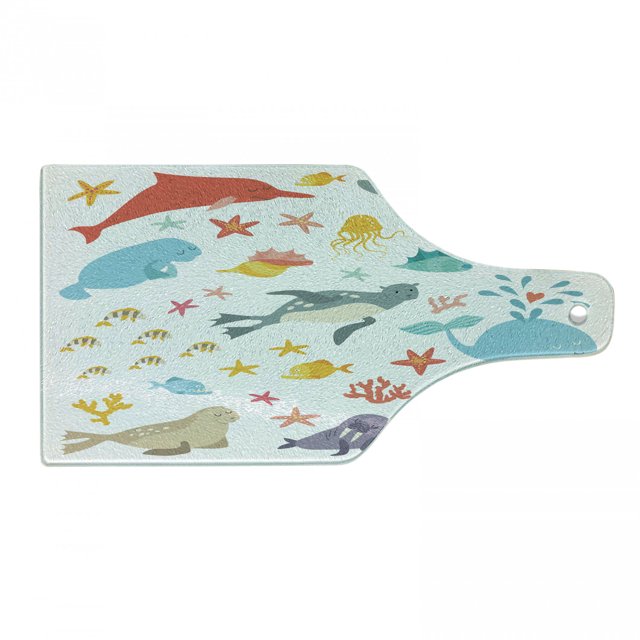 Ocean Cutting Board, Whale Squid Sea Lion Shark Jellyfish Clownfish Dolphin Starfish Stingrays Colorful, Tempered Glass Cutting and Serving Board, Wine Bottle Shape, Multicolor, by Ambesonne