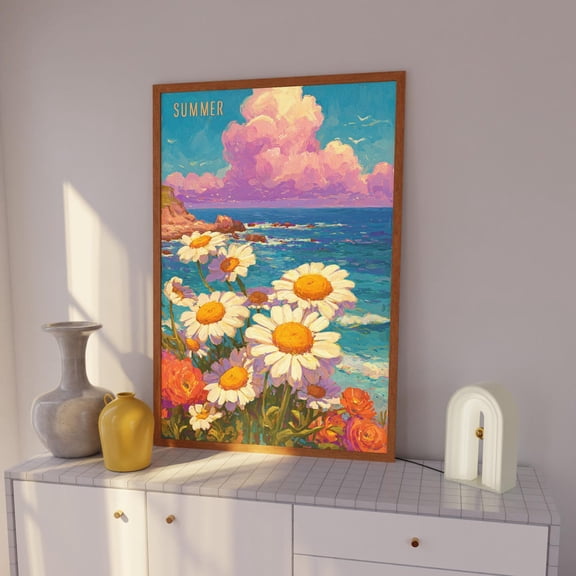 Ocean Daisy Coastal Floral Landscape Boho Art, Unframed Paper Poster 8x10in