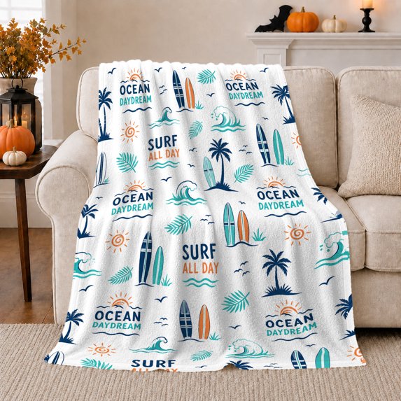 Ocean Daydream Surf All Day Beach Pattern, Relaxed Coastal Style for Beach Lovers, Surfboard Palm Motif and Housewarming Gift, Cozy Flannel Blanket for Beach House and Guest Room, Home Decor