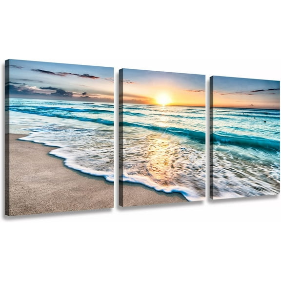 Ocean Decor - Beach Decor Bathroom Wall Art Ocean Sand Beach Canvas Seascape Paintings Deep Blue Sea Wave Sunset Pictures for Bedroom Wall Decor Modern Home Decorations 3 Panels Stretched and Framed