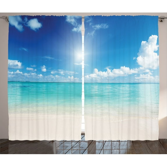 Ambesonne Landscape Curtains 2 Panel Set, Sky and Tropical Sea, 108" x 90", Cream Turquoise White