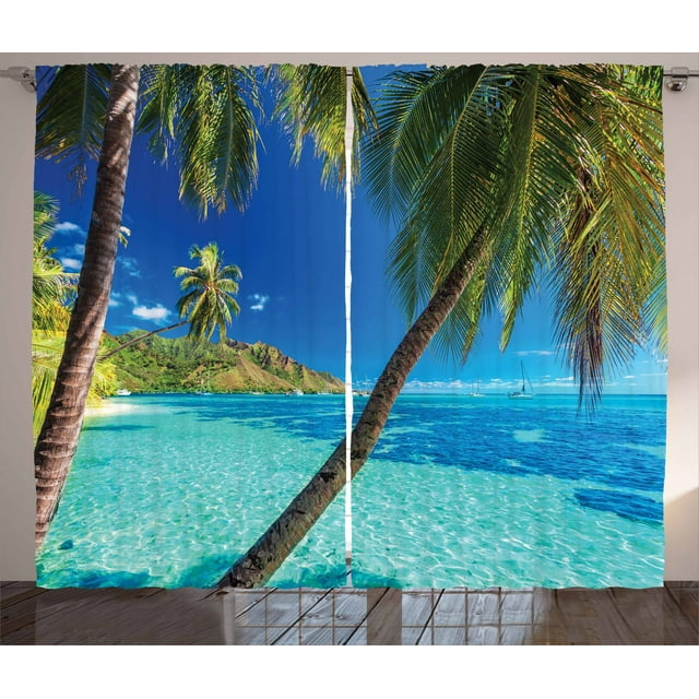 Ocean Decor Curtains 2 Panels Set, Image of a Tropical Island with Palm