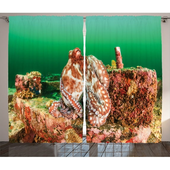 Ambesonne Under the Sea Curtains 2 Panel Set, Octopus in Water, 108" x 84", Green Brown Red