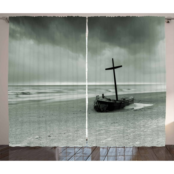 Grey Curtains 2 Panel Set, Wreck Boat on the Beach, 108" x 84", Black and White
