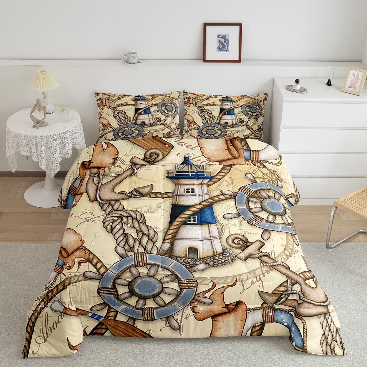 Ocean Decor Full Bedding Set for Boys,Vintage Boat Anchor Quilt