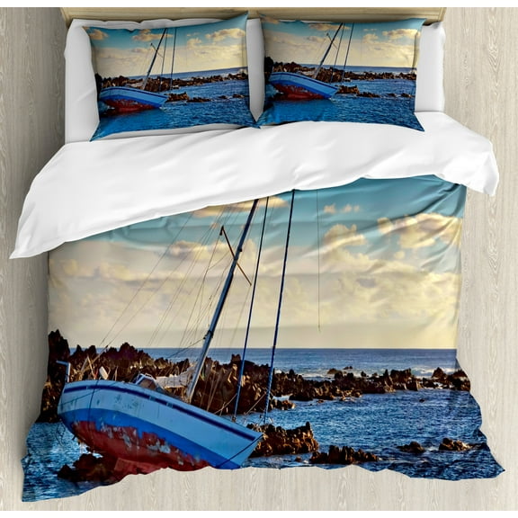 Ocean Decor King Size Duvet Cover Set, Yacht in the Sea Surrounded by Ledge Rocks Coastal Incident Shroud Crash Scene, Decorative 3 Piece Bedding Set with 2 Pillow Shams, Blue Brown, by Ambesonne