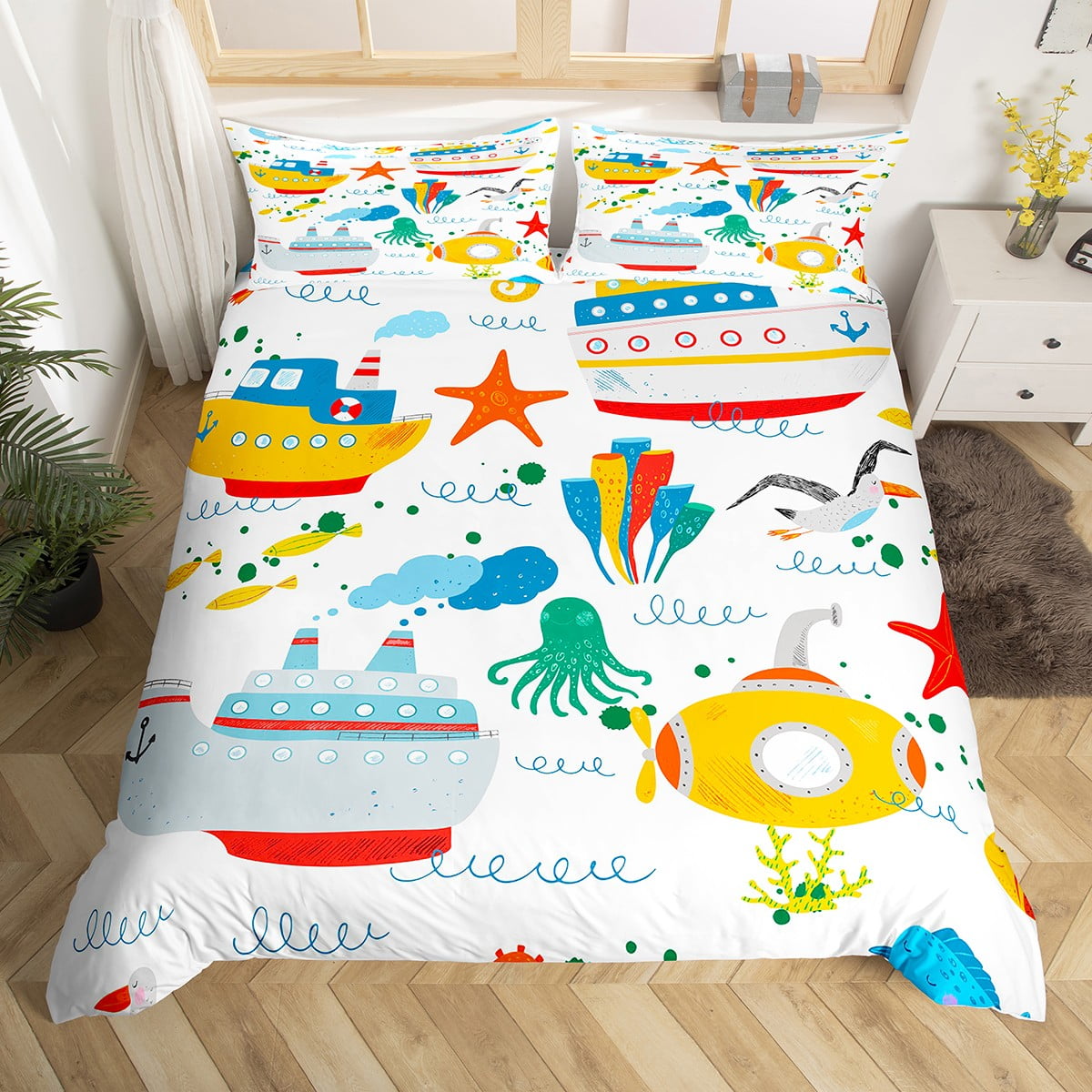 Ocean Decor Queen Bedding Set for Boys,Nautical Sailboat Steamer