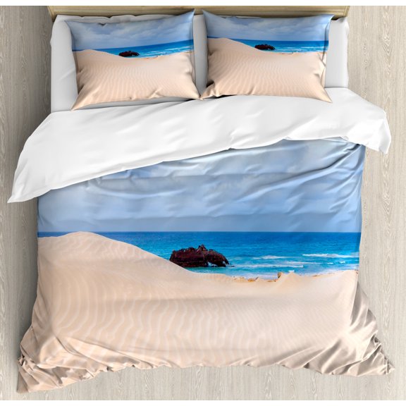 Ocean Decor Queen Size Duvet Cover Set, Boat Crash by Exotic Tropical Beach in African Shore Dream Atlantic Ocean Photo, Decorative 3 Piece Bedding Set with 2 Pillow Shams, Blue Cream, by Ambesonne