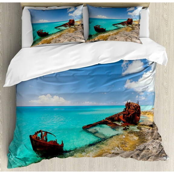 Ocean Decor Queen Size Duvet Cover Set, Ship Wreckage on Peaceful Rock Shore Natural Wonder under Idyllic Bright Sky Image, Decorative 3 Piece Bedding Set with 2 Pillow Shams, Multi, by Ambesonne