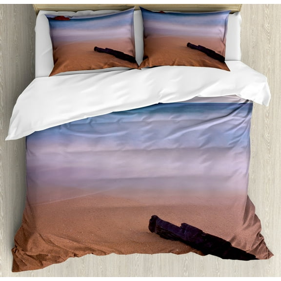 Ocean Decor Queen Size Duvet Cover Set, Shipwreck on Beach at Dusk in South Australian Lands by the Sea Shore Navy Nautical, Decorative 3 Piece Bedding Set with 2 Pillow Shams, Multi, by Ambesonne