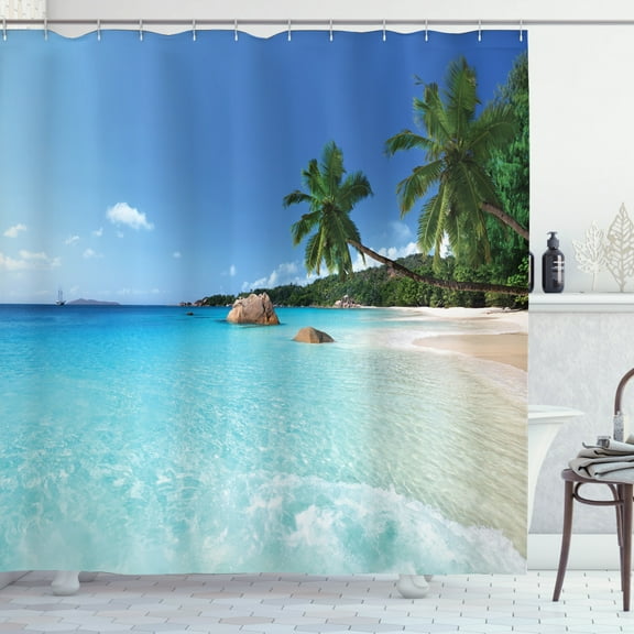 Ocean Decor Shower Curtain Set, Anse Lazio Beach At Praslin Island Surf Beach, Bathroom Accessories, 69W X 70L Inches, By Ambesonne