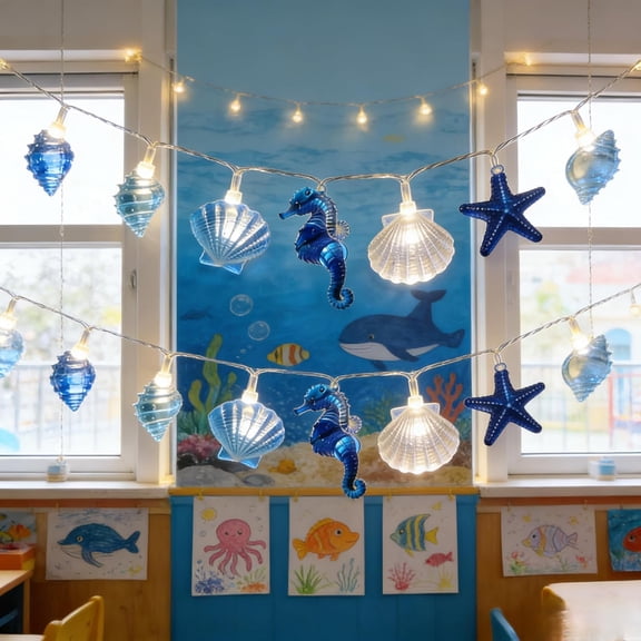 Ocean Decor String Lights Nautical Theme Seashell Seahorse Conch 6.5 ft 20 LED Battery Operated String Lights for Holiday Camping Wedding Christmas Tree Decor (Shell Stars, 6.5FT)