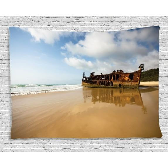 Ocean Decor Tapestry, Antique Rusty Pirate Ship Wreck on the Coast in Caribbean Island Pacific Sea View, Wall Hanging for Bedroom Living Room Dorm Decor, 80W X 60L Inches, Multi, by Ambesonne