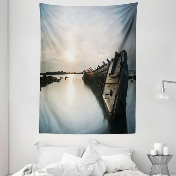 Ocean Decor Tapestry, Big Sinking Rustic Boat Crash in the Lake Landscape with Horizon on Back, Wall Hanging for Bedroom Living Room Dorm Decor, 60W X 80L Inches, Light Blue Brown, by Ambesonne