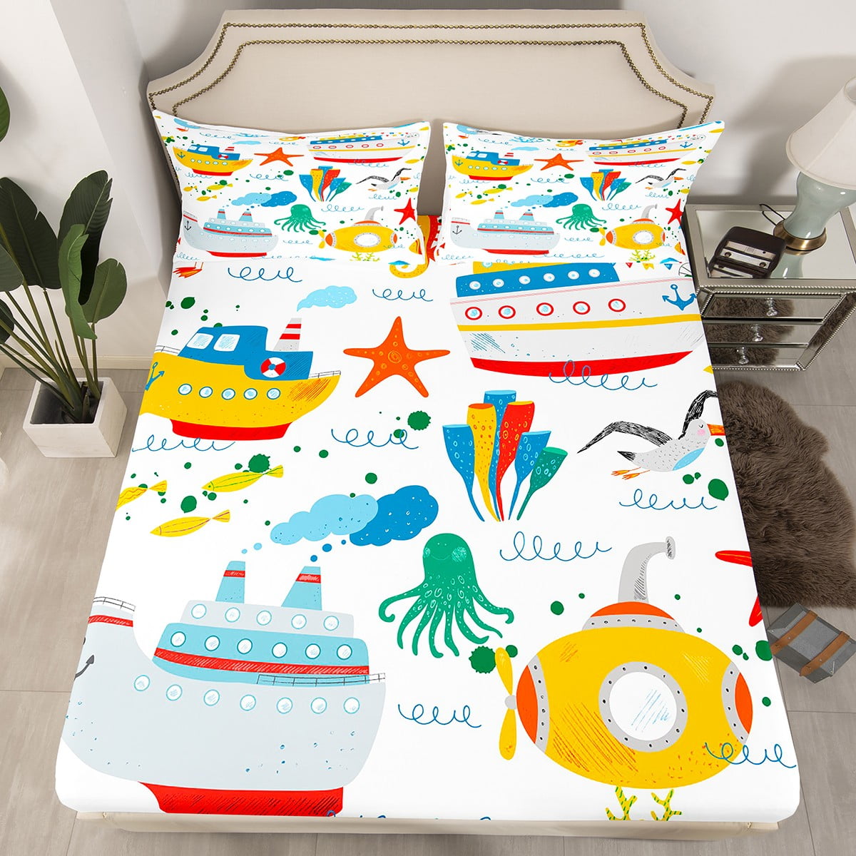 Ocean Decor Twin Bed Sheets for Boys,Nautical Sailboat Steamer Bedding