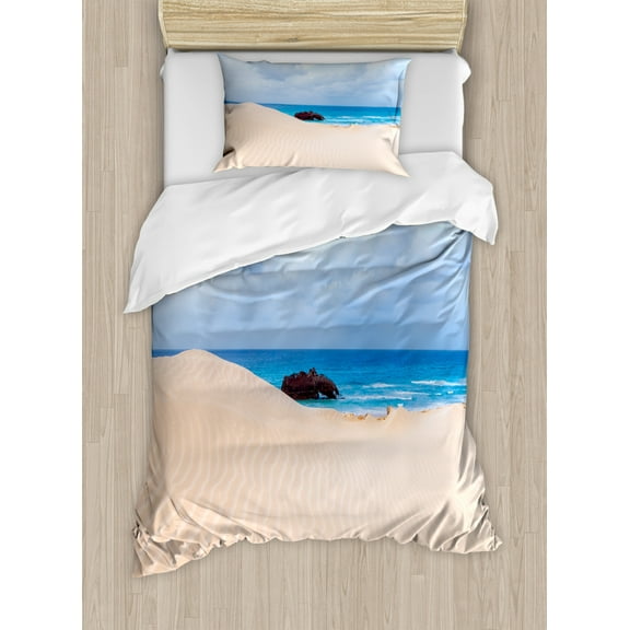 Ocean Decor Twin Size Duvet Cover Set, Boat Crash by Exotic Tropical Beach in African Shore Dream Atlantic Ocean Photo, Decorative 2 Piece Bedding Set with 1 Pillow Sham, Blue Cream, by Ambesonne