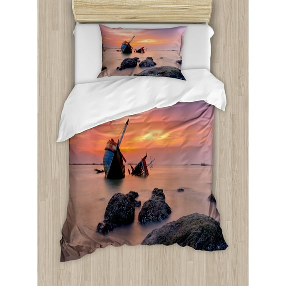 Ocean Decor Twin Size Duvet Cover Set, Sunken Aground Boat Vessel in Foggy Water before Exquisite Sky at Sunset Image, Decorative 2 Piece Bedding Set with 1 Pillow Sham, Orange Grey, by Ambesonne