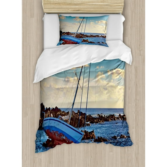 Ocean Decor Twin Size Duvet Cover Set, Yacht in the Sea Surrounded by Ledge Rocks Coastal Incident Shroud Crash Scene, Decorative 2 Piece Bedding Set with 1 Pillow Sham, Blue Brown, by Ambesonne