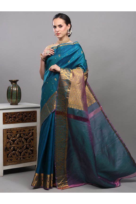 Ocean-Depths Bootis woven Pure Silk Saree from Bangalore with Golden Thread Weave on Border