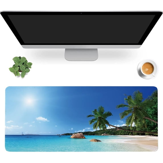 Ocean Desk Mat,ANSE Lazio Beach at Praslin Island Extended Gaming Mouse Pad,Large Non-Slip Rubber Base Mousepad with Stitched Edges,Waterproof Mouse Mat Desk Pad for Office Game Home 35.4x15.75 in