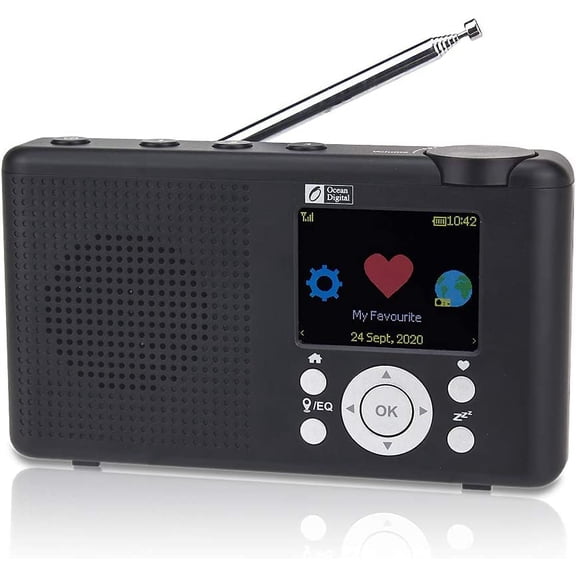 Ocean Digital WR-23F Portable FM Internet Radio 2.4 Color LCD Built-in Battery Wi-Fi Bluetooth (Black)