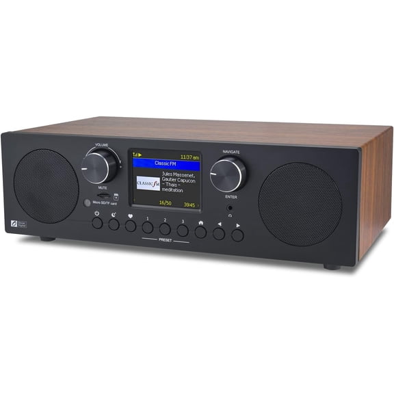 Ocean Digital WR-800 FM Wi-Fi Internet Radio Stereo Speakers Micro SD Line Out Aux in 30,000+ Stations Stress Relief Relaxation Sleep Aid 2.8" Color Display Wooden Casing Black