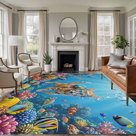 Ocean Diving Cat Area Rugs 8'x10', Washable Small Throw Rugs for Living Room Patio, Coastal Coral Fish Marine Life Indoor Outdoor Rug Non-Slip Low Pile Carpet Runner Reversible Floor Mats