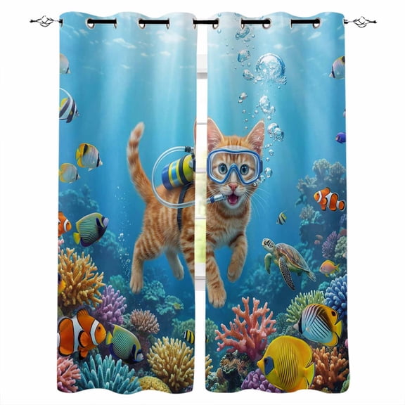 Ocean Diving Cat Kitchen Curtains Coastal Coral Fish Marine Life Cafe Short Curtains for Bathroom Blackout Window Curtain Grommet Small Window Treatment Drapes for Bedroom Living Room 27.5"x39"x2