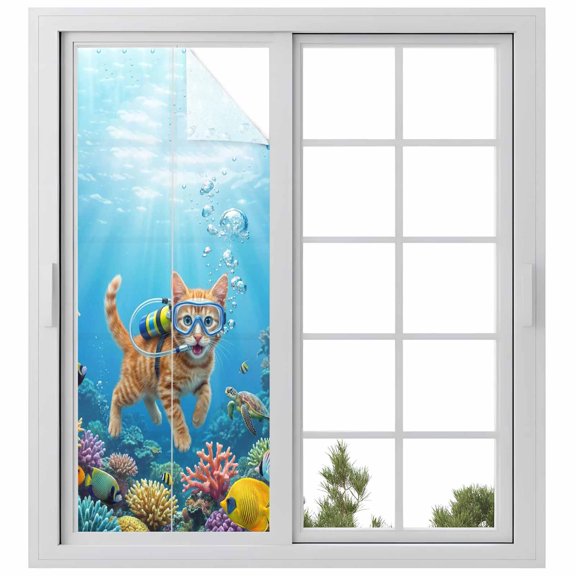Ocean Diving Cat Window Privacy Film, Coastal Coral Fish Marine Life Static Cling UV Sun Blocking Heat Control Window Tint Day and Night, Non-Adhesive One Way Windows Privacy Cover 23.6''x59''