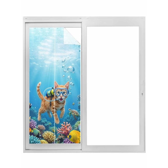Ocean Diving Cat Window Privacy Film, Coastal Coral Fish Marine Life Static Cling UV Sun Blocking Tint Film Heat Control Windows Films for Bedroom Bathroom, Window Stickers 17.7"x39.3"