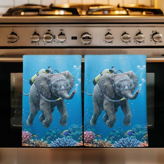 Ocean Diving Elephant Kitchen Towels Set of 1, Blue Coastal Coral Fish Marine Life Absorbent Dish Towels for Kitchen, Microfiber Hand Towel, Quick Drying Tea Towel for Cleaning Decorative Dishcloths