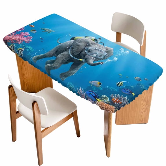 Ocean Diving Elephant Table Cloths for 6 Foot Rectangle Tables, Blue Coastal Coral Fish Marine Life Patio Waterproof Elastic Fitted Tablecloths, Washable Rectangular Table Cover for Camping