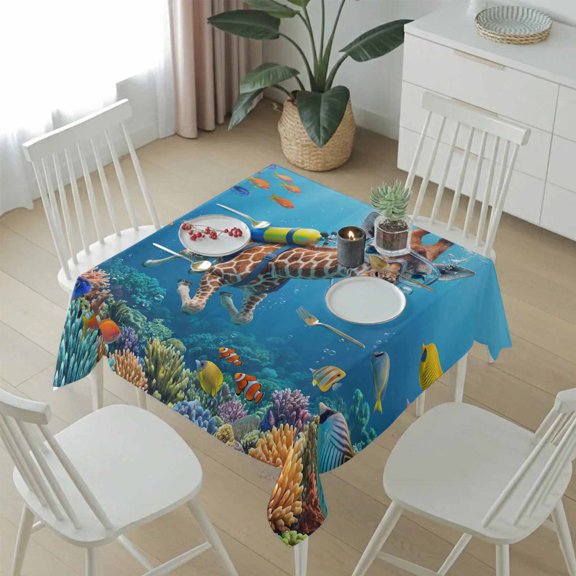 Ocean Diving Giraffe Coral Fish Table Cloth 54x54in, Waterproof Square Tablecloth Wipeable Tablecloths Underwater Marine Life Table Covers for Dining Tables Party Indoor Outdoor