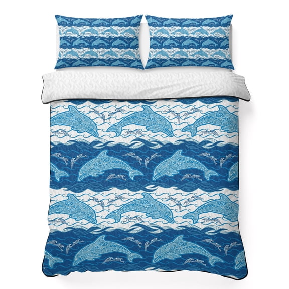 Ocean Dolphin 3 Piece Quilt Bedding Set with 2 Pillow Shams, Blue Nautical Waves Vintage Summer Ethnic Lightweight Bedspread Coverlet, Soft Breathable All Season Quilt, 79 x 90 Inch