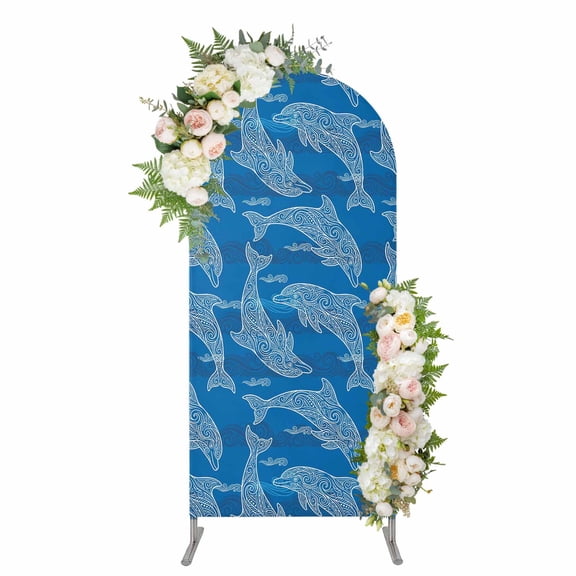 Ocean Dolphin Arch Backdrop Cover 5FT, Summer Blue Coastal Waves Ethnic Spandex Fitted Stretchy Arch Stand Covers, Round Top Chiara Backdrop Cover for Wedding Party Birthday Baby Shower