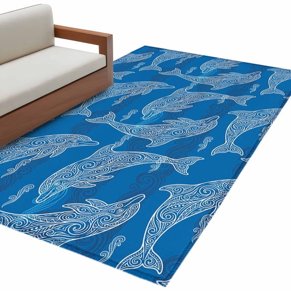 Ocean Dolphin Area Rug 3x5 Washable Rug Non Slip Summer Blue Coastal Waves Ethnic Large Area Rug Indoor Floor Carpet for Entryway Bedroom Kitchen Living Room Home Office Dining Room Nursery
