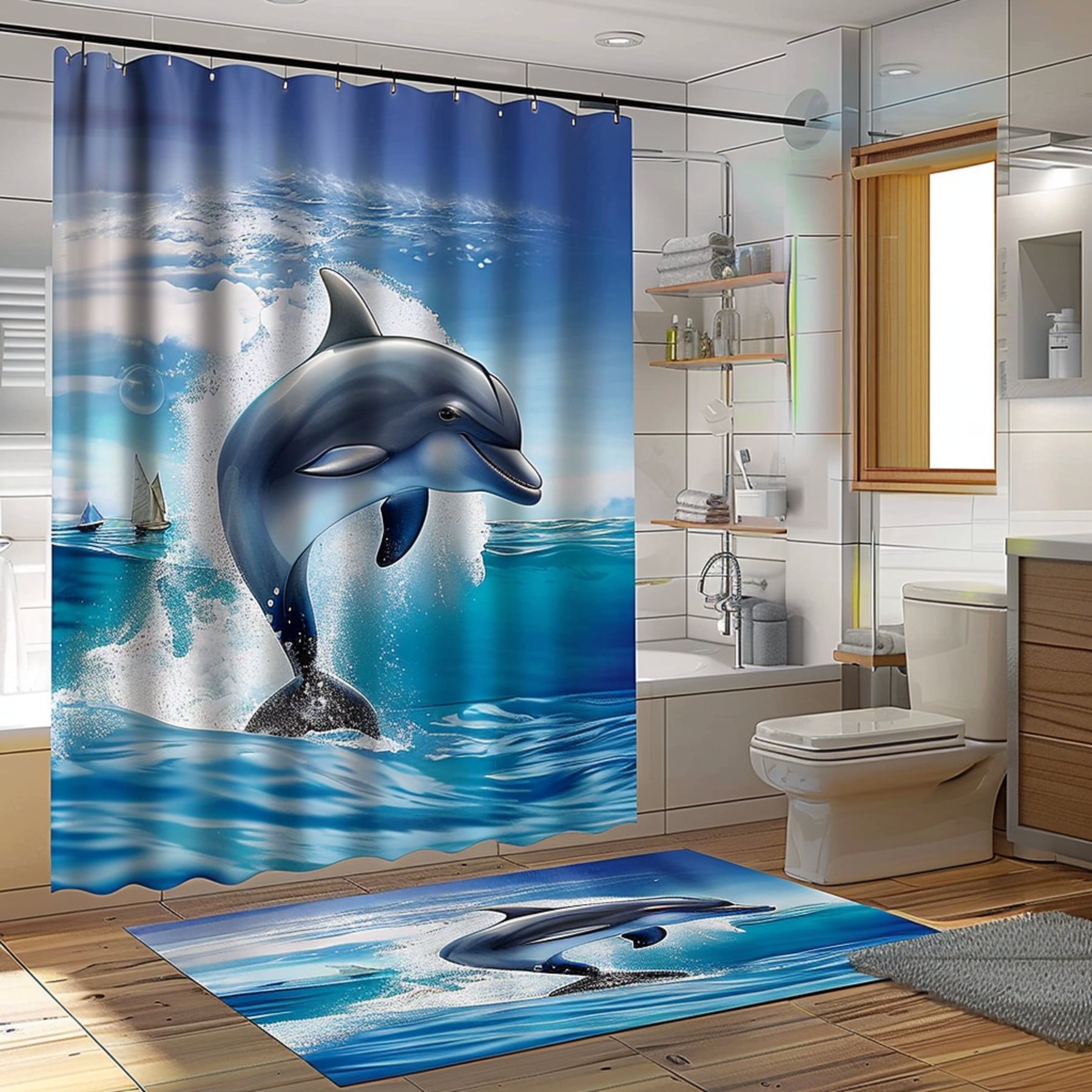 Ocean Dolphin Bathroom Decor Shower Curtain White TilesBlue Sky Window ...