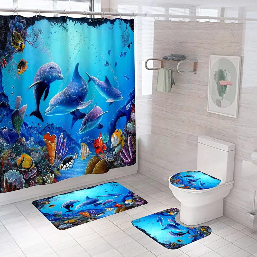 Ocean Dolphin Bathroom Set Animal Waterproof Fabric Shower Curtain Set